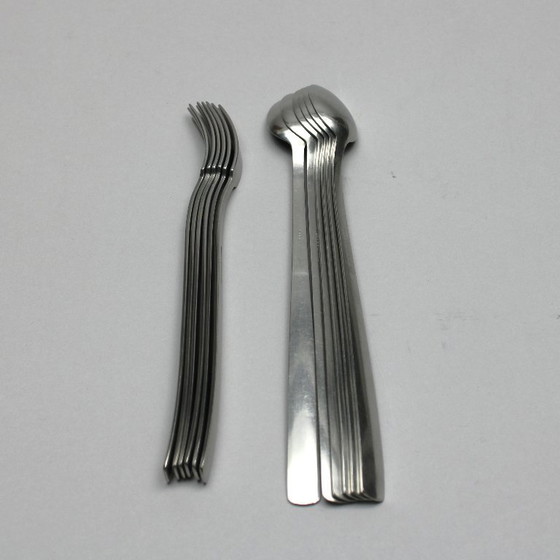 Image 1 of Folke Arström (1907-1997) - Gense Sweden - model Facette - 18-8 stainless steel - set van 6 lepels en 6 vorken (12x) 