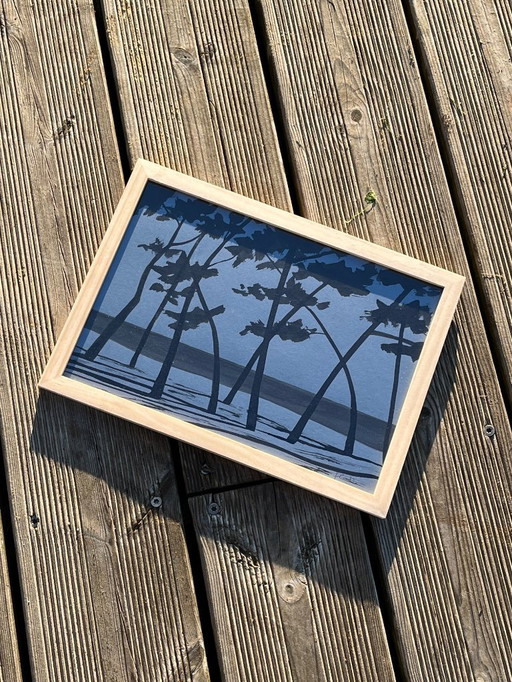 Tusche auf blauem Papier. Größe 30 x 21 cm.