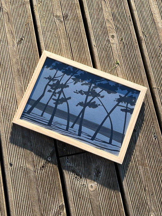 Image 1 of Tusche auf blauem Papier. Größe 30 x 21 cm.