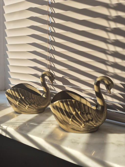 2x Brass Swan Flower Pot