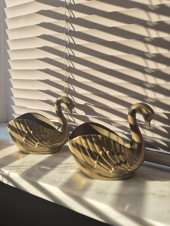 Image 1 of 2x Brass Swan Flower Pot