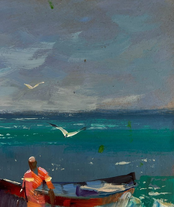 Image 1 of Original Oil Painting Summer Coastal Landscape Fishermen under the light of the sea