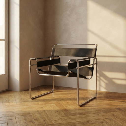 Vintage B3 Wassily-stoel van Marcel Breuer voor Knoll International, zwart leer, jaren 80, 65 x 78 x 74 cm – kuipstoelen