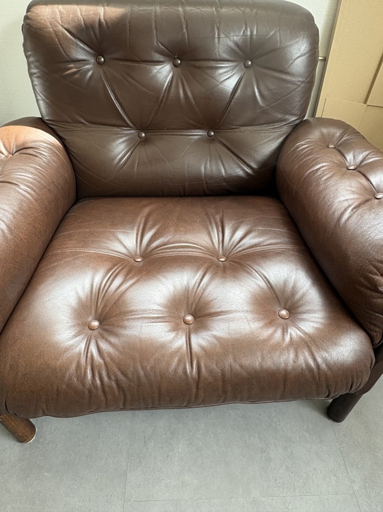 Image 1 of Vintage leather & rosewood mid-century Brazilian Brutalist style armchair