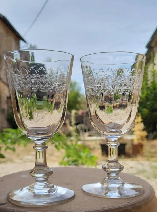 6 engraved glass wine/water glasses from the early 20th century. – Glass & Decanter, Crystal (photo 8 of 10)