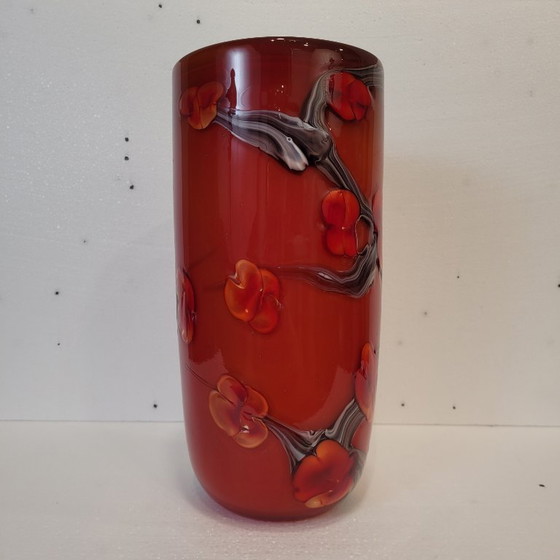 Image 1 of Jarrón floreado rojo, vidrio de Murano, 90’s - Italia