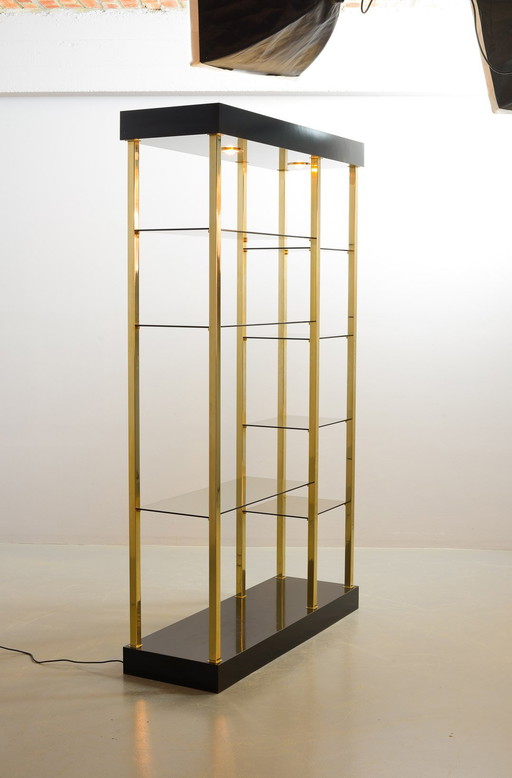 Belgo Chrom Hollywood Regency Style Black Lacquered Shelving Unit 20-Carat Gold Plated with Smokey Glass, Belgium, 1970s