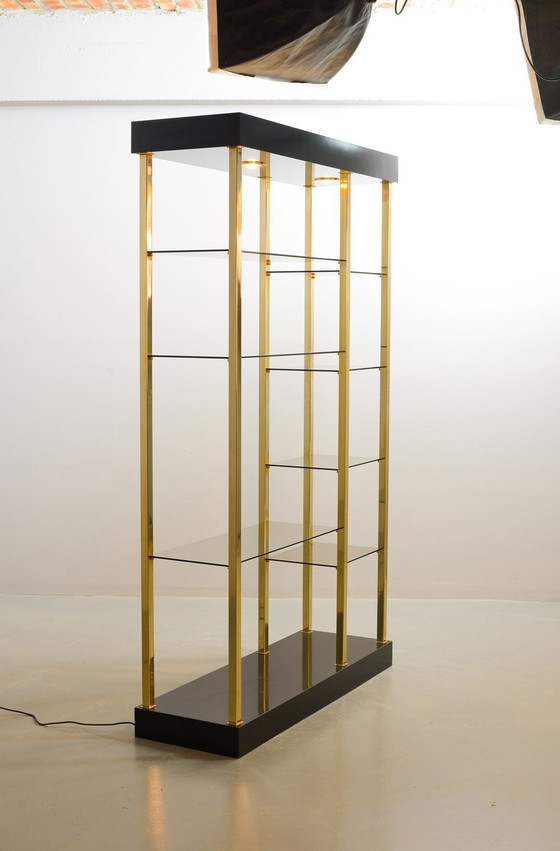 Image 1 of Belgo Chrom Hollywood Regency Style Black Lacquered Shelving Unit 20-Carat Gold Plated with Smokey Glass, Belgium, 1970s