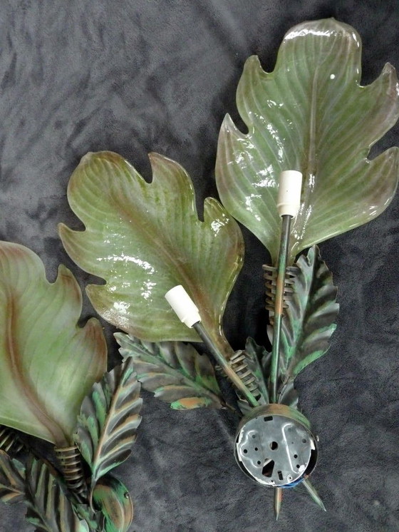 Image 1 of giant sconces painted murano glass leaf 63cm