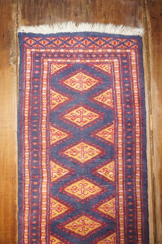 Image 1 of pakistani bokhara runner rug * vintage wool hallway carpet * red blue tribal narrow runner 