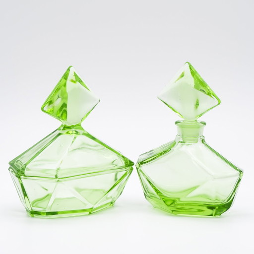 Flacone e coperchio per profumo da toilette in vetro di uranio Art Déco, set Antique Chic