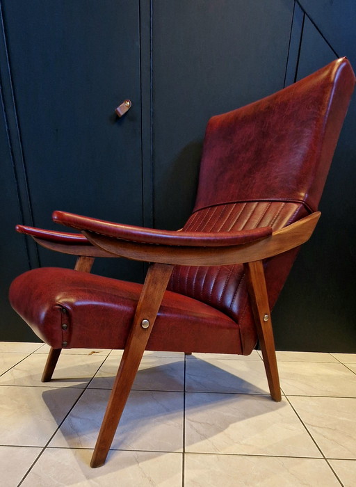 Vintage burgundy and wood armchair