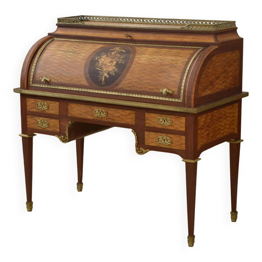 Louis XVI style cylinder desk in marquetry from the Napoleonic III period.
