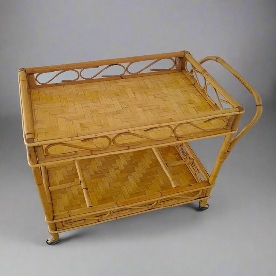 Image 1 of 1960s Gorgeous and Elegant Serving Bar Cart in Bamboo & Rattan by Franco Albini, Made in Italy
