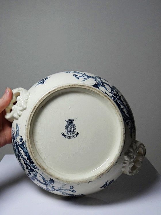 Image 1 of Sopera antigua de porcelana opaca Gien, 1890-1910, diseño de piedra de hierro, diseño Chardons