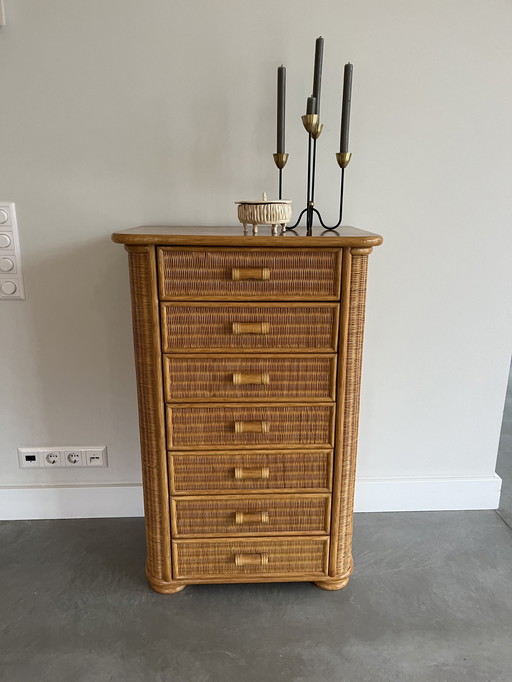 Vintage Wooden And Rattan Chest of Drawers (1970s)