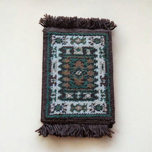 Chemin de table vintage rare de style oriental/ethnique – 24 × 40 cm – marron, beige et vert