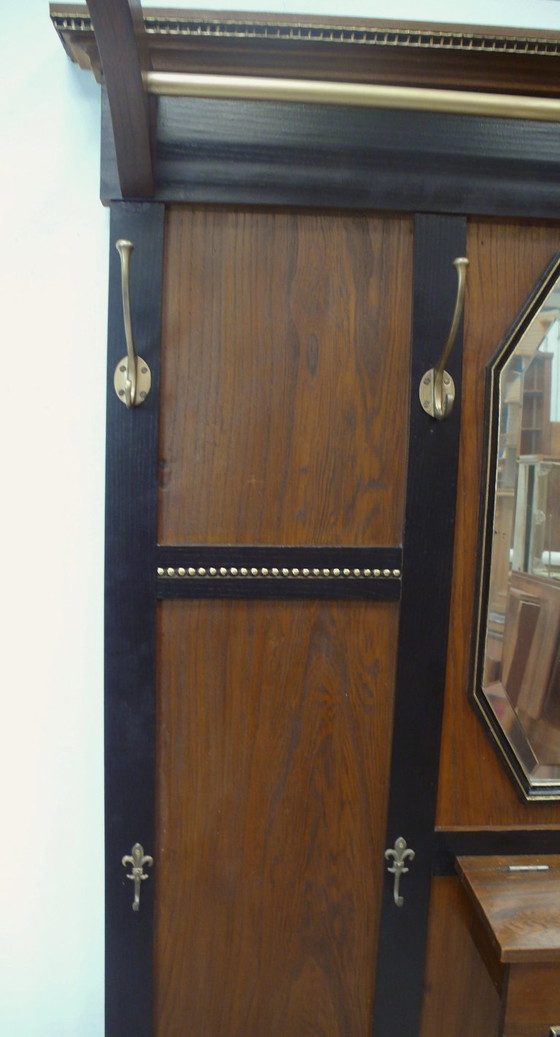 Image 1 of Large Art Nouveau wardrobe circa 1910, solid elm wood + black, hat shelf, mirror, umbrella stand, lid compartment