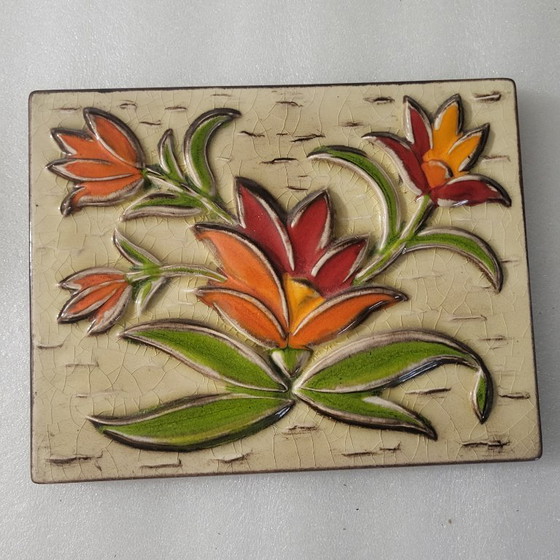 Image 1 of Cadre mural en céramique émaillée, fleurs et relief orange pop,BOITZENBURG, west germany, 1960-70 