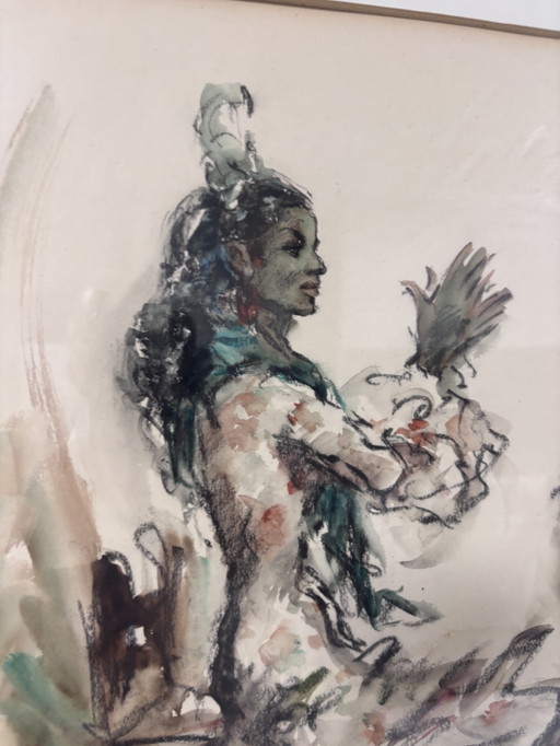 Beautiful Vintage Artwork Pere Clapera Carmen Amaya (Bulerías) Incl. Gallery Frame – schilderijen tekeningen (photo 2 of 14)