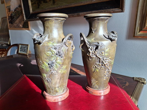 Pair of Art Nouveau spelter vases with triple patina, signed Louis and François Moreau