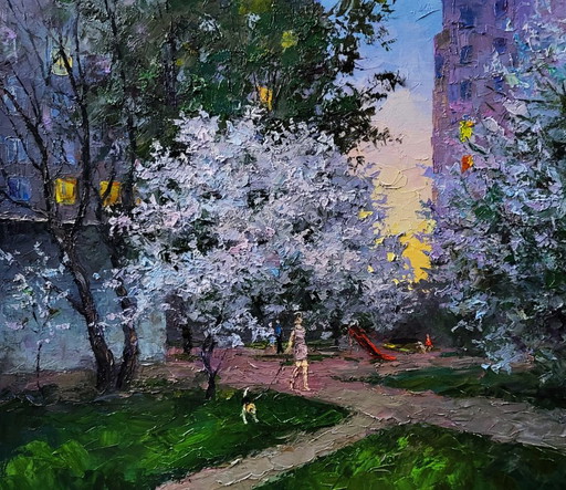 Original Oil Painting Spring City Motif Evening Courtyard in the City – schilderijen tekeningen, Canvas