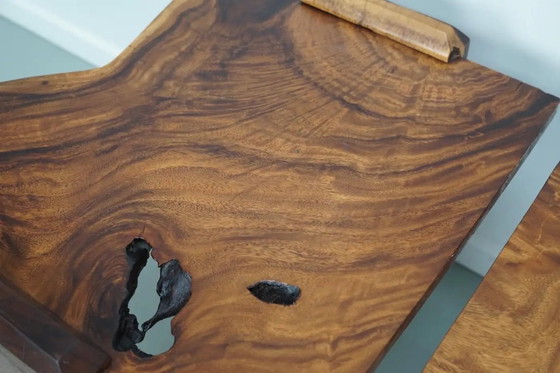 Image 1 of Ensemble de deux tables basses vintage en noyer naturel, vers 1970/1980