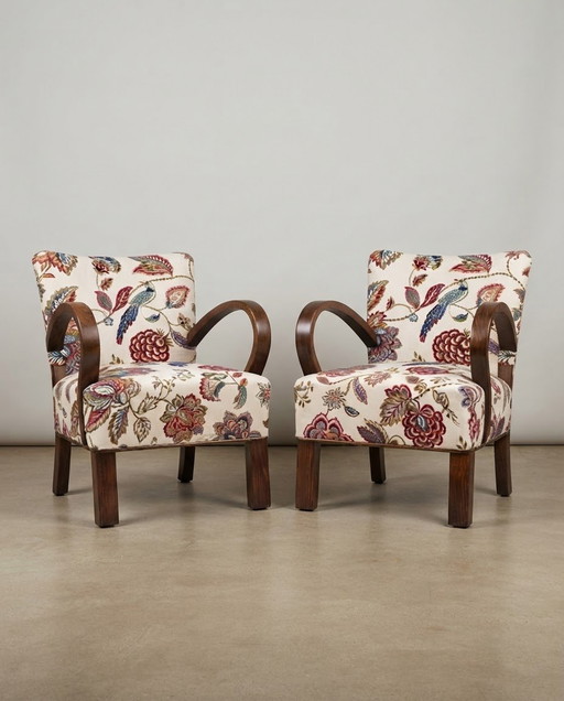 Vintage Hongaarse Art Deco Loungestoelen in botanische vogel- en bloemenstof met houten frames, jaren 30, set van 2