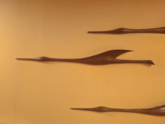 Image 1 of Set di 3 grandi uccelli da parete vintage in teak.