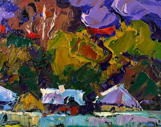 Image 1 of Original Oil Painting Summer Houses Landscape On the edge of the village — time stops