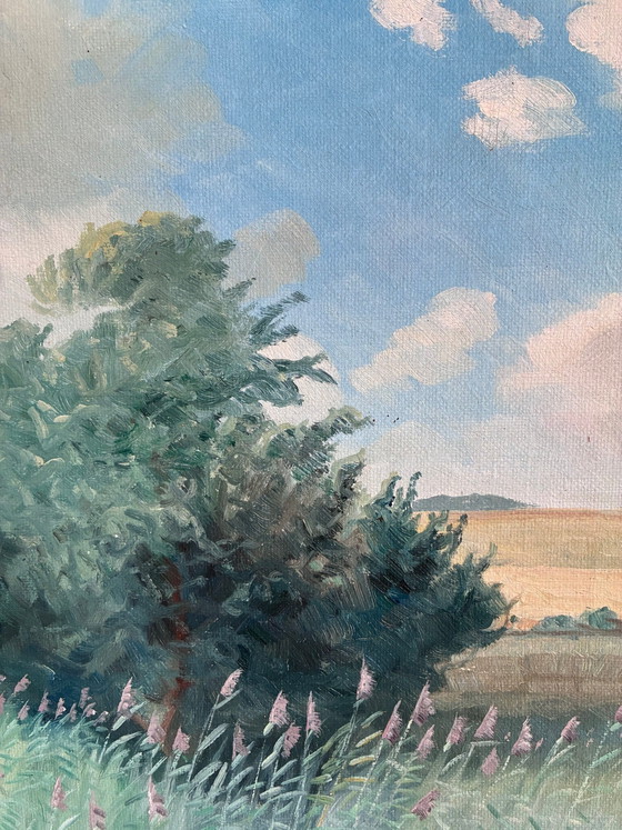 Image 1 of Grande peinture à l'huile originale vintage représentant un paysage avec un chien