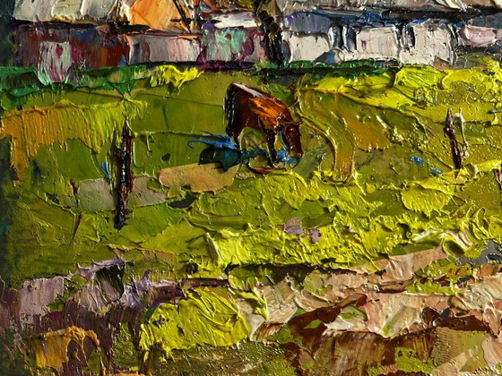 Image 1 of Original Oil Painting Summer Houses Landscape On the edge of the village