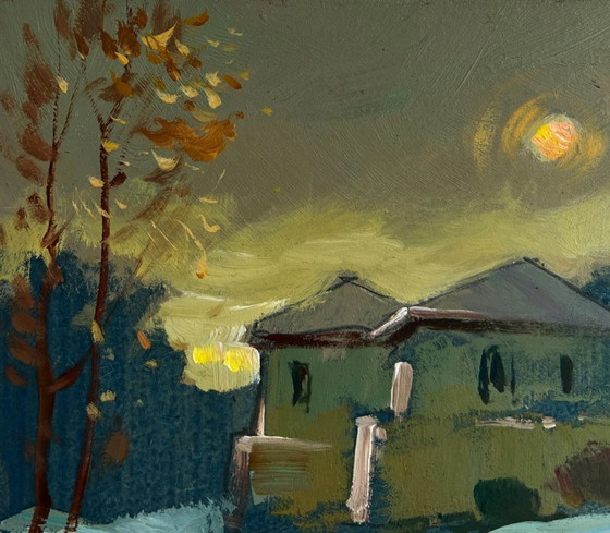 Image 1 of Original Oil Painting Evening Winter Landscape Sunset behind the village