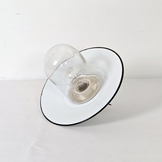 Image 1 of Vintage Industrial Enamel Wall Sconce / 1970s Yugoslavia TEP Era Flush Mount Ceiling Light / Clear Glass Capsule Lamp 