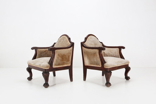 Set vroege Empire fauteuils van massief mahoniehout en schapenvacht, Frankrijk 1820