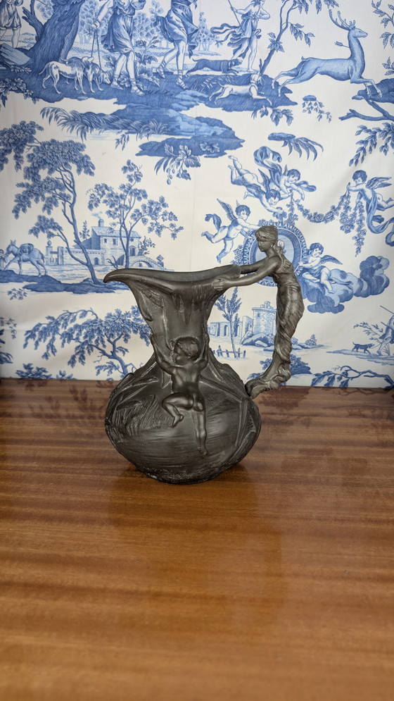 Image 1 of Art Nouveau pewter pitcher with woman and putti design signed Henri Huppé late 19th century
