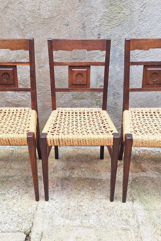 Image 1 of Set of 4 Oak and Rope Chairs by Audoux Minnet 50s