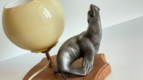 Image 1 of Art Deco Sea Lion Lamp Metal and Blown Glass France