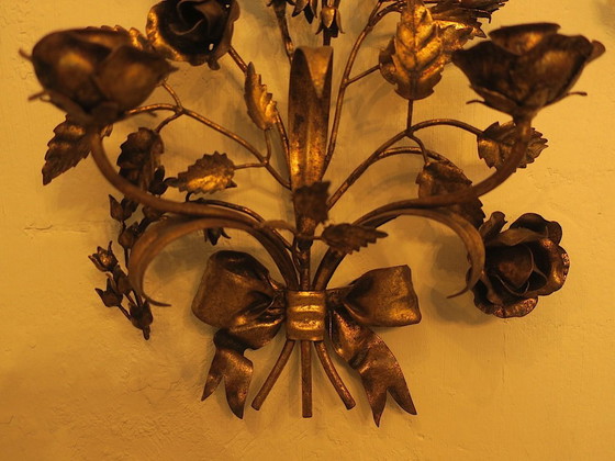 Image 1 of Pair of Gold Plated Wall Double Candleholders with Roses by Hans Kögl, 1960s