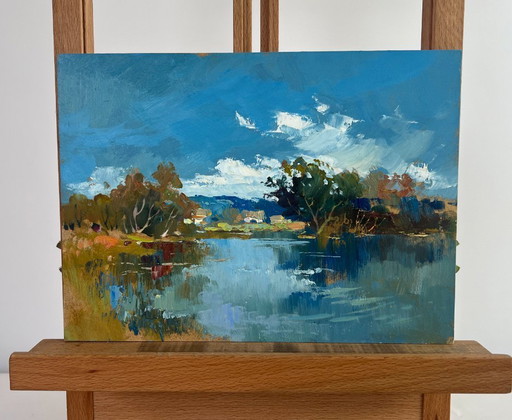 Pintura al óleo original Paisaje de Summer River Reflejo de la naturaleza