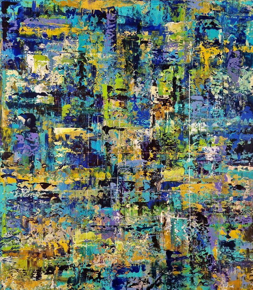 Frances Eckhardt - 80x90 cm pintura abstracta pintada a mano, arte moderno colorido azul verde amarillo