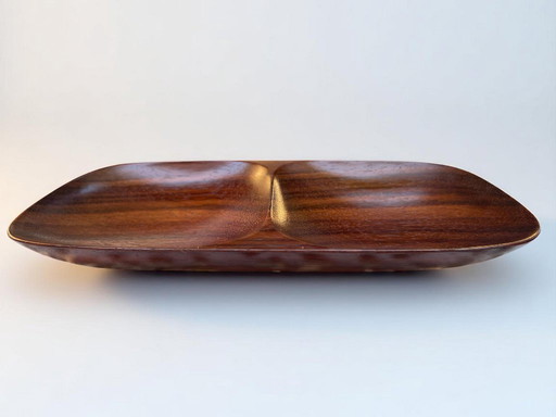 Vintage Padouk wooden bowl with double bowl, handmade from the 70s, exotic design object