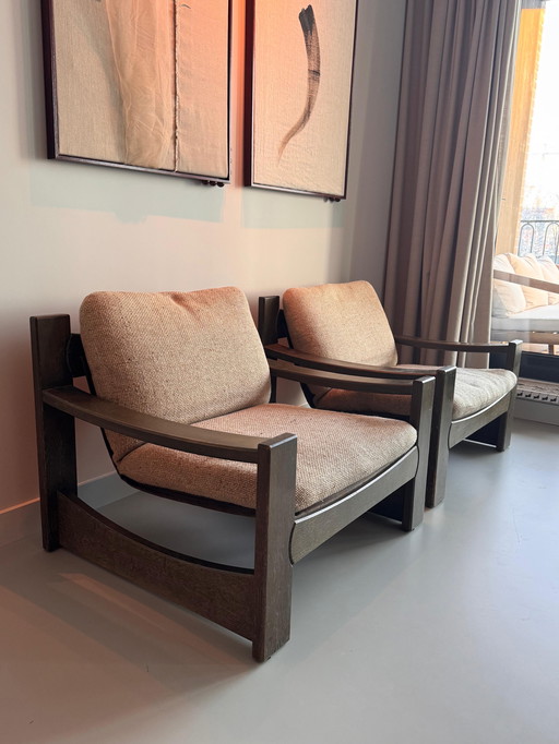 Carl Straub Design-Loungesessel – ausgezeichneter Zustand – Holz/Naturwollkissen (2er-Set)