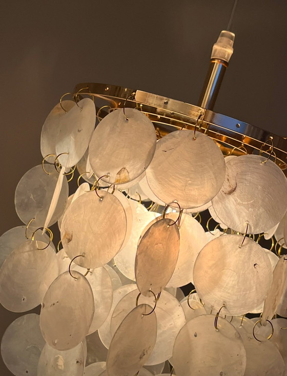 Image 1 of Set di 4 lampade a conchiglia capiz in vendita! Struttura in oro