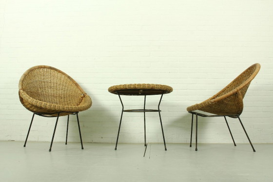 Image 1 of 1950s Italian Rattan Basket Chairs & Matching Bistro Table Set