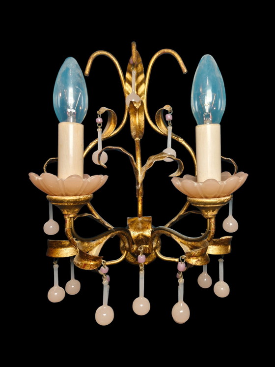 Image 1 of Murano-style pink opal glass lighting set – 6-light chandelier + 2 wall lights
