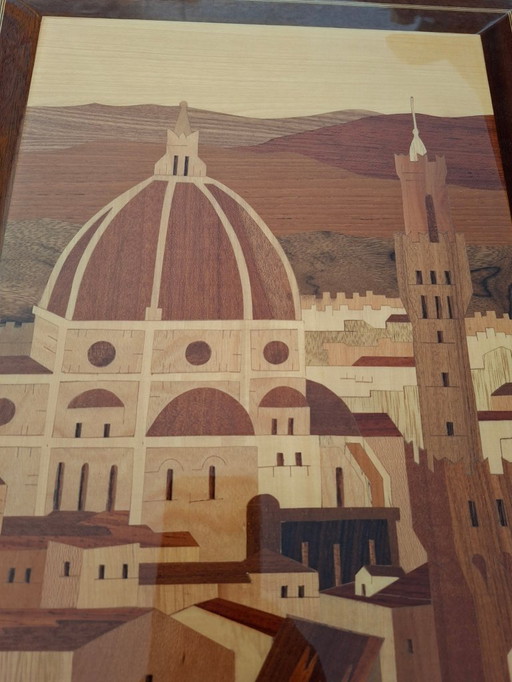 Peinture artisanale en marqueterie de bois représentant le panorama de Florence (dôme de Brunelleschi)