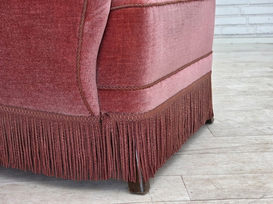 Image 1 of 1970s, Danish armchair, salmon pink furniture velour, oak wood.