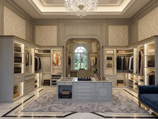 Vestidor clásico abierto en azul claro/gris perla con isla central multifuncional.