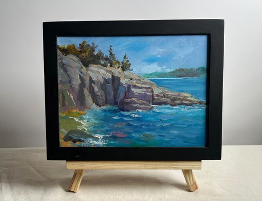 Peinture à l'huile originale, paysage rocheux d'été, journée nuageuse en mer